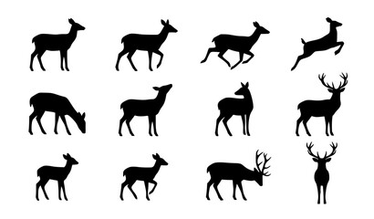 Fototapeta premium Black Deer Silhouette Collection with Stag Fawn Running and Walking Animal Poses Vector