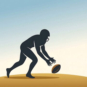 Rugby player crouching to pick up ball on field