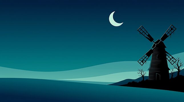 Dark halloween night landscape with windmill and crescent moon vector illustration