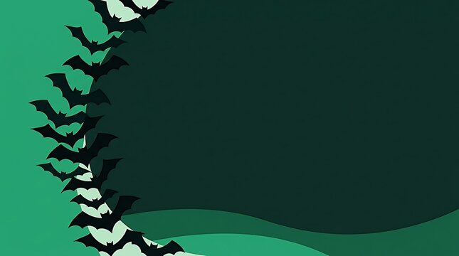 Flying bats silhouette against a teal and dark green halloween background