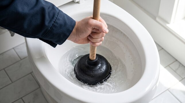 Person unclogging toilet with plunger, symbolizing household maintenance, sanitation, plumbing care, and home problem solving.