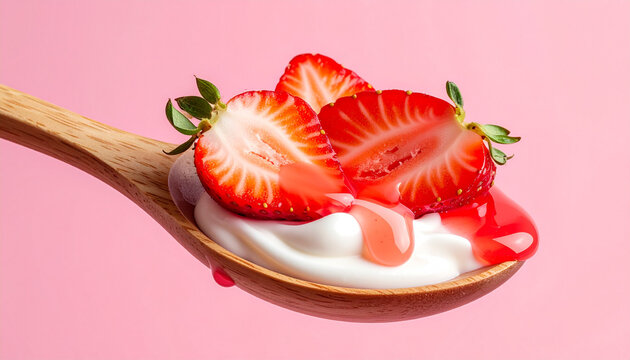 Creamy yogurt on wooden spoon with glazed strawberry slices