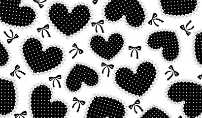 Trendy Y2K girly grunge black and white heart pattern background. Coquette aesthetic seamless pattern with black polka dot hearts and pearls. © Wulandari