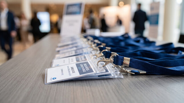 Conference badge lanyards on registration desk, corporate event name tags lined up, business seminar pass holders isolated on White Background