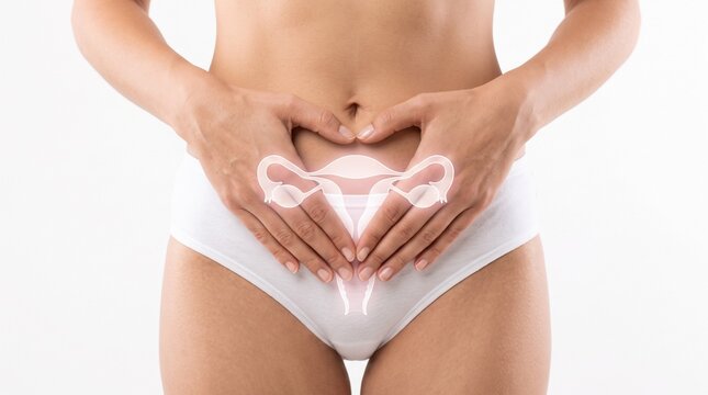 Female body with uterus illustration on abdomen, representing gynecology, reproductive system, menstrual health, and medical awareness.