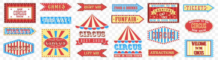 Vintage circus sign collection with carnival banners marquees tents directional arrows and retro entertainment labels suitable for festivals events and amusement promotions © stas111