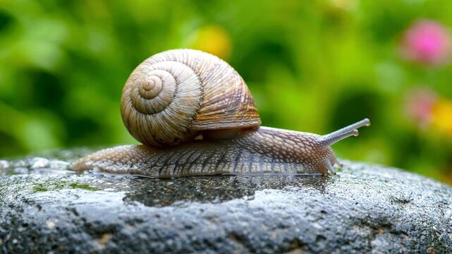 Snail slowly crawling on wet stone macro shot nature background