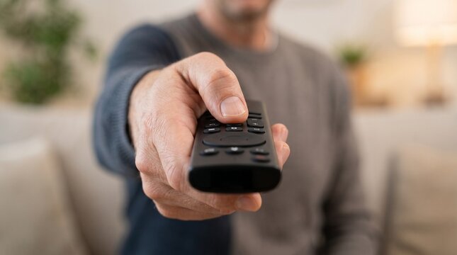 Person holding TV remote control toward camera, symbolizing entertainment, technology, home lifestyle, streaming, and digital convenience.