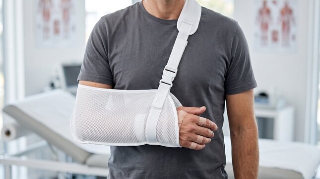 Person with injured arm in hospital environment, symbolizing medical care, healing process, recovery, and health awareness.
