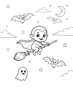 Cute little vampire boy flying on broomstick with ghost and bats in starry night sky for halloween vector coloring page smiling bats night clouds crescent moo