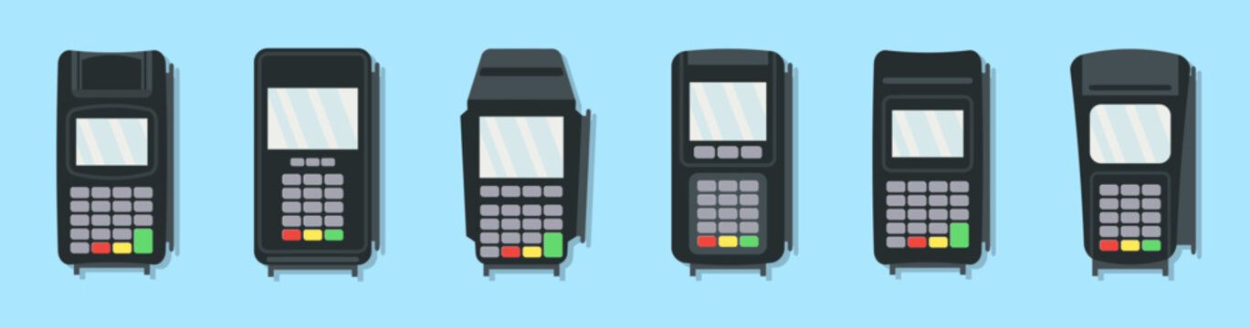 Payment terminal set with different electronic card reader devices, screens, keypads and colorful buttons in modern flat style
