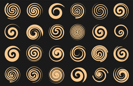 Spiral symbol set with different circular swirl shapes in golden color for abstract decoration, rotation, motion and hypnotic graphic concepts