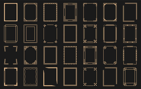 Decorative rectangular frame set with different geometric borders, corners and line ornaments in elegant golden style for invitations and certificates