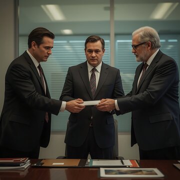 Businessmen Passing Secret Envelope Across Table in Corporate Boardroom