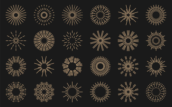Radial sunburst set with different geometric rays, circular lines and starburst shapes for light, energy, emphasis and decorative graphic design