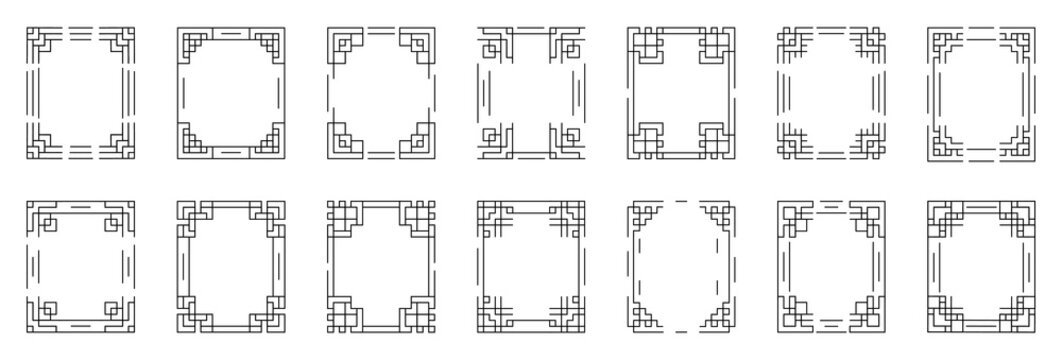 Geometric corner frame set with thin linear square borders and decorative angular ornaments for invitations, certificates, cards and elegant