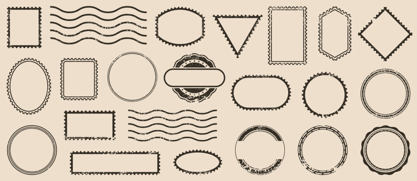 Vintage postage frame set with distressed stamps, circular seals, wavy cancellation lines and decorative borders for postal and retro graphic design