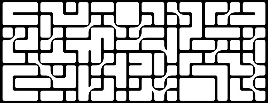 Abstract geometric maze pattern with thick rounded black lines and interconnected rectangular paths for modern backgrounds, technology