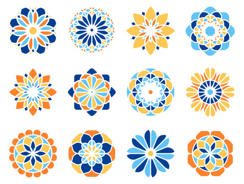 Colorful floral mandala set with symmetrical geometric petals and decorative circular shapes for ornament, decoration, textile and creative graphic