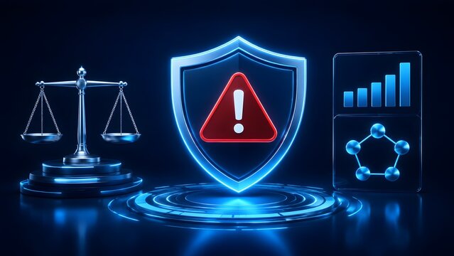 Futuristic Holographic Scales of Justice and Cybersecurity Shield with Red Warning for Data Privacy Law and Compliance Risk