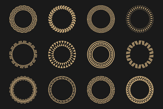 Decorative circular frame set with Greek meander, laurel leaves and geometric ornaments for luxury branding, certificates, invitations