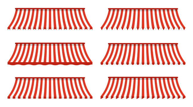 Red and white striped awning set with different decorative lower edges for shops, cafes, markets, storefronts and commercial graphic design