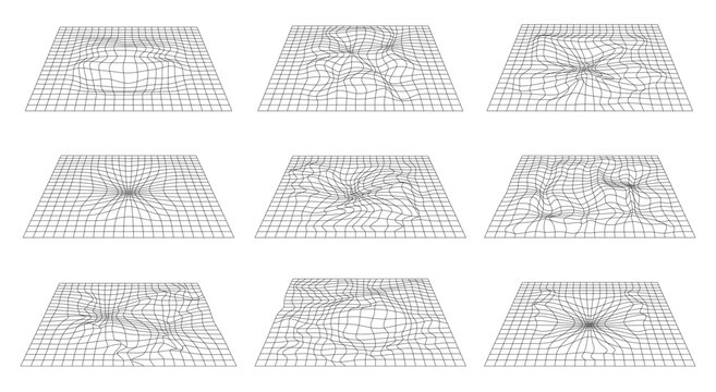 Distorted wireframe grid set with warped geometric surfaces and flowing mesh lines for abstract technology, digital backgrounds