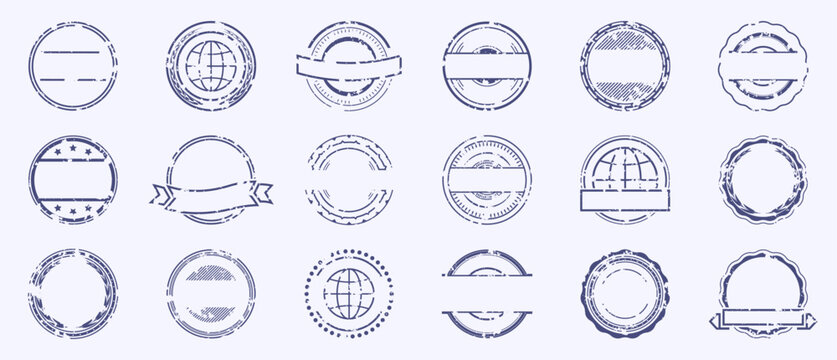 Vintage rubber stamp set with distressed circular badges, ribbons, globe symbols and blank label areas for branding, certification and retro graphic