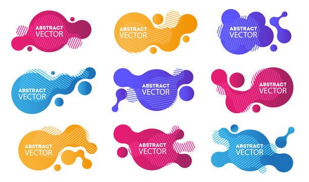 Colorful abstract liquid shape set with gradient blobs, circles and striped elements for banners, presentations, advertising and modern graphic