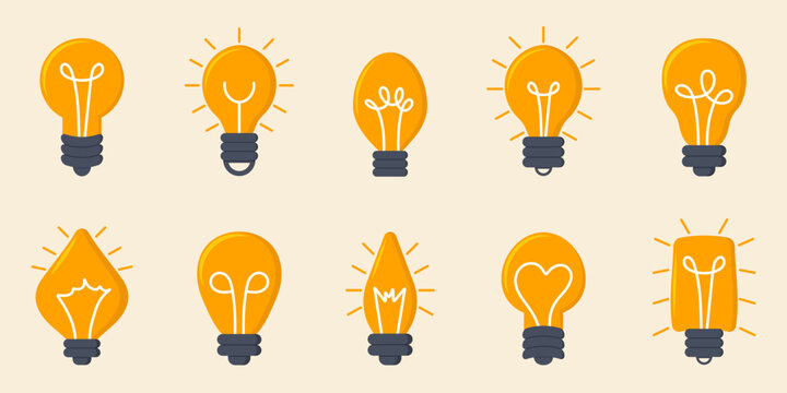 Light bulb set with different orange shapes and filament designs representing ideas, creativity, innovation, inspiration and energy in flat style