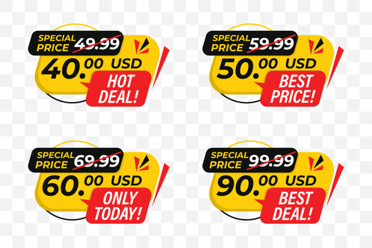Special price sale label set with bright discount tags, crossed original prices and promotional deal messages for retail and advertising design