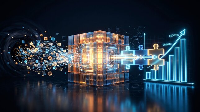 Glowing digital cube processes complex data streams into connected puzzle pieces that form an ascending business growth chart with neon highlights