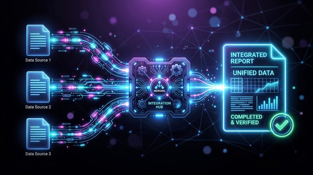Glowing digital interface illustrating complex data integration process with multiple input sources flowing into one centralized reporting and analysis hub