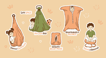 Autism Sensory Therapy Sticker Planner Set. Special Needs Children in Body Sock, Balance Board and Swings. Kids ADHD Mental Health Anxiety Relief Quotes Collection. Isolated Vector illustration.