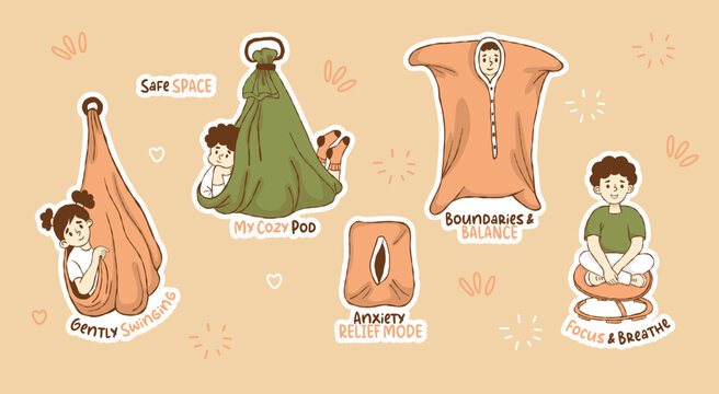 Autism Sensory Therapy Sticker Planner Set. Special Needs Children in Body Sock, Balance Board and Swings. Kids ADHD Mental Health Anxiety Relief Quotes Collection. Isolated Vector illustration.
