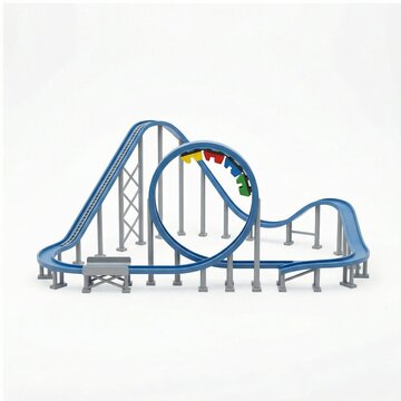 Blue toy roller coaster with loops and tracks on a white background  