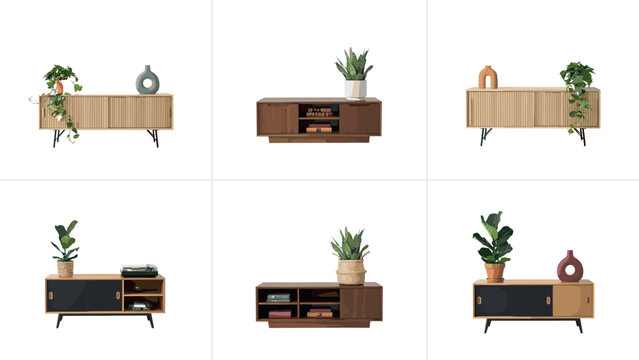 Mid Century Modern TV Stand and Wooden Credenza Vector Set with Potted Houseplants and Decorative Vases for Living Room Interior Layout Designs