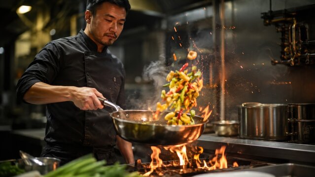 Chef cooking flaming wok in a professional kitchen