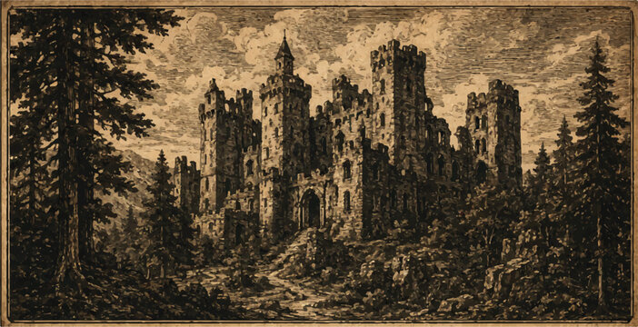 Vintage Engraving Medieval Castle in Forest Mountain Landscape Vector Illustration.