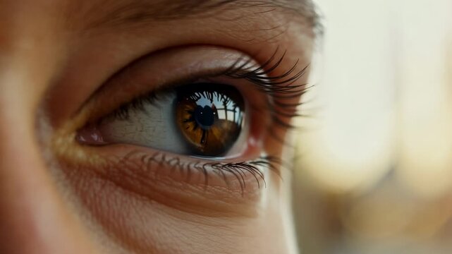 Close-up of a person's eye with detailed eyelashes and reflections, showcasing the progression of focus and light in a natural outdoor setting during sunset