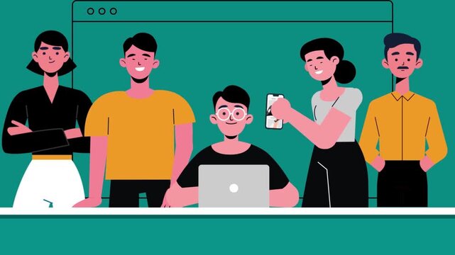 Diverse business team collaborating on digital projects using modern laptop and mobile phone in this professional colorful flat animation video