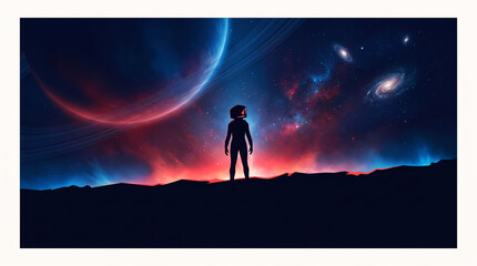 Fototapeta premium Astronaut Silhouette Exploring Alien Planet with Cosmic Background