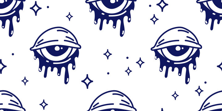 Mystical Melting Eye Seamless Pattern with Stars. Hand drawn pattern with mystical dripping eyes and celestial stars for textiles, wallpaper, wrapping paper, fabric, apparel. Vector illustration
