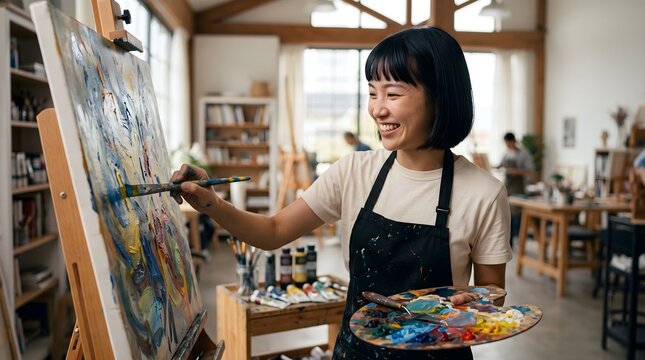 Young Asian female artist smiling while painting an abstract colorful canvas on an easel in a bright creative art studio for hobby and self-expression concept.