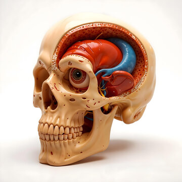 Human Skull Cutaway with Eye and Internal Anatomy Medical Illustration