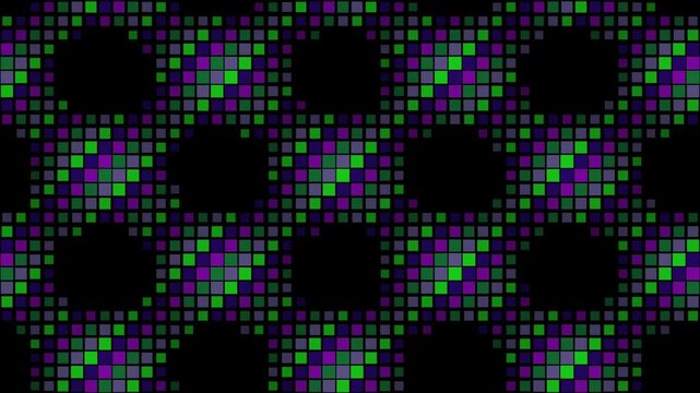 A seamless looping pattern of green and purple pixels arranged in a flowing wave design on a black background.