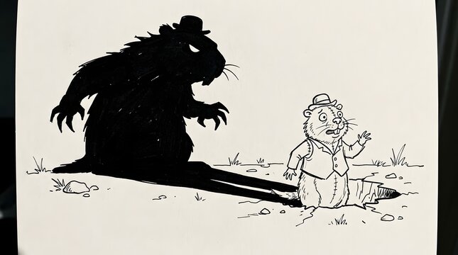 Black Shadowy Rat with Hat and Whiskers Facing Friendly Mouse in Suit and Hat Near Hole in Ground
