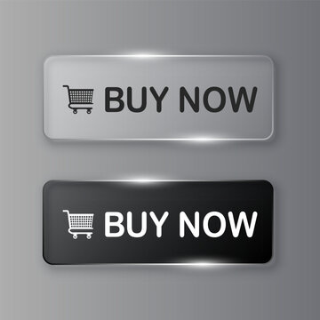 Buy now sticker button icon in liquid glass style. Shopping banner with hand pointer vector illustration on isolated background. E-commerce purchase sign business concept.