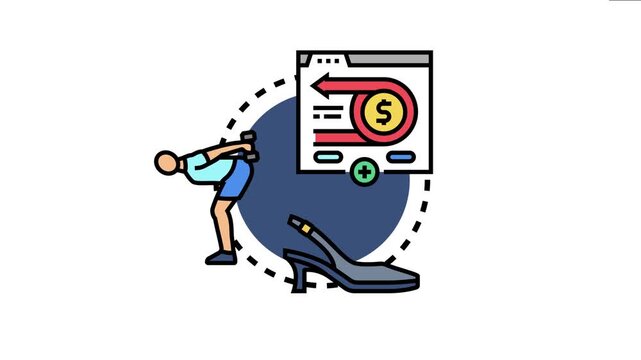 Person exercising with dumbbells and a high heel shoe symbolizing determination and recovery, with a money transaction on a browser representing financial return