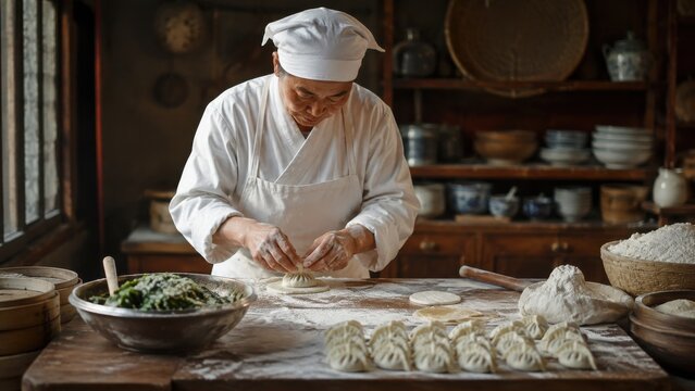 Chef making dumplings in a rustic kitchen